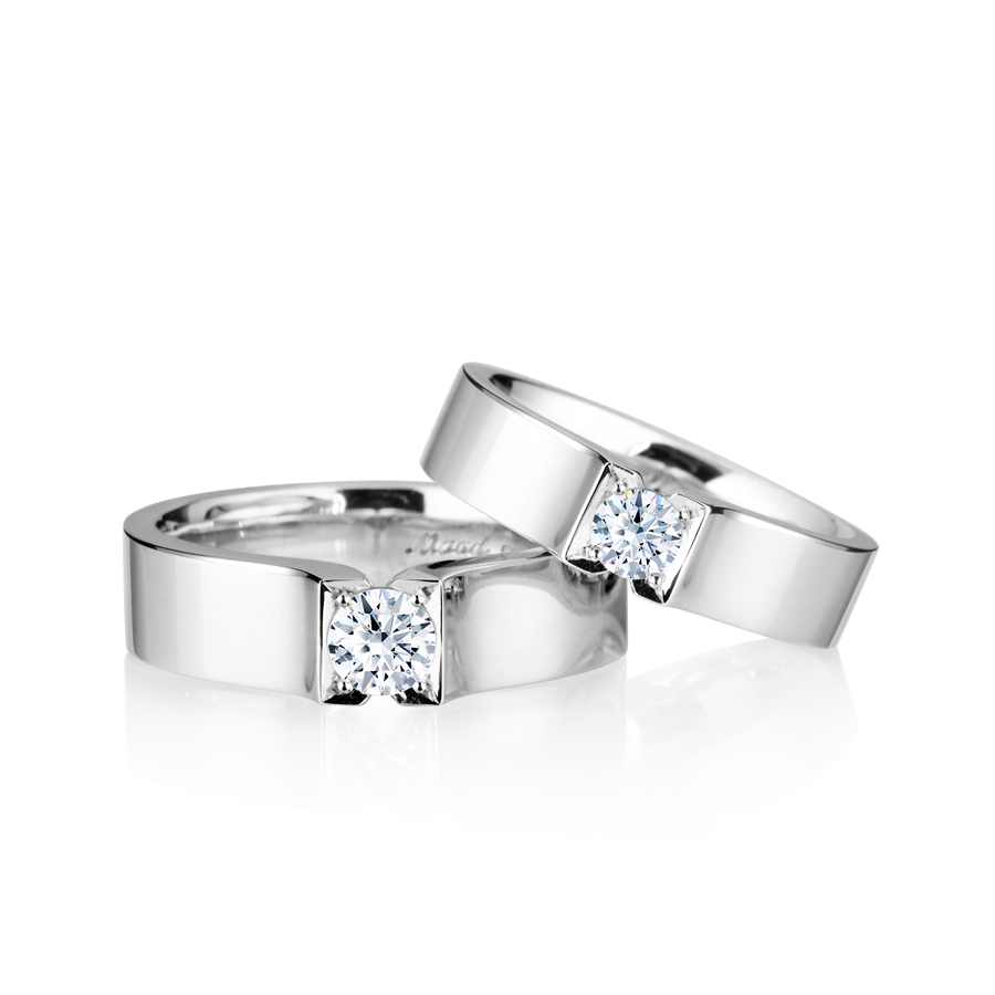 Squaredrop Solitaire wedding ring Set (L&M) 14k White gold CZ 0.34ct & 0.2ct