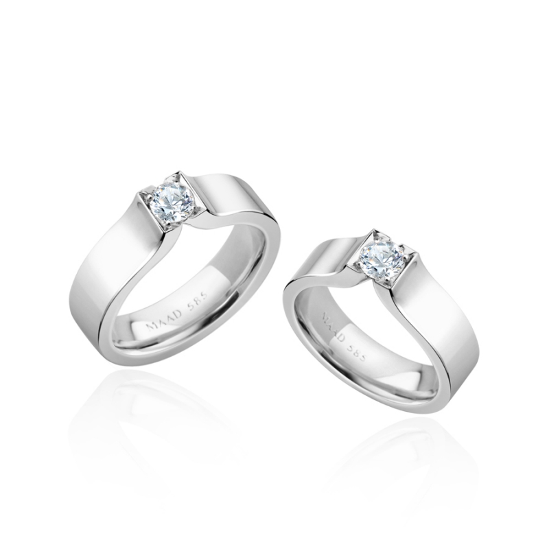 Squaredrop Solitaire wedding ring Set (L&M) 14k White gold CZ 0.34ct & 0.2ct