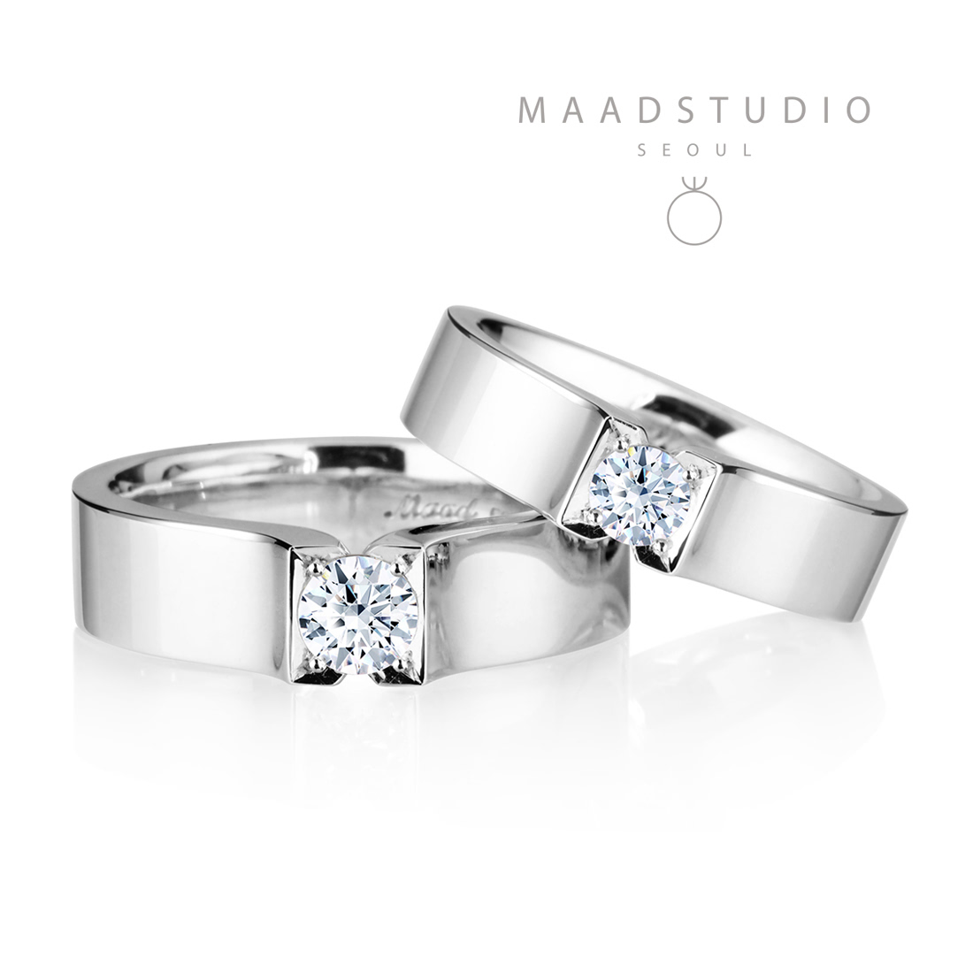 Squaredrop Solitaire wedding ring Set (L&M) 14k White gold CZ 0.34ct & 0.2ct