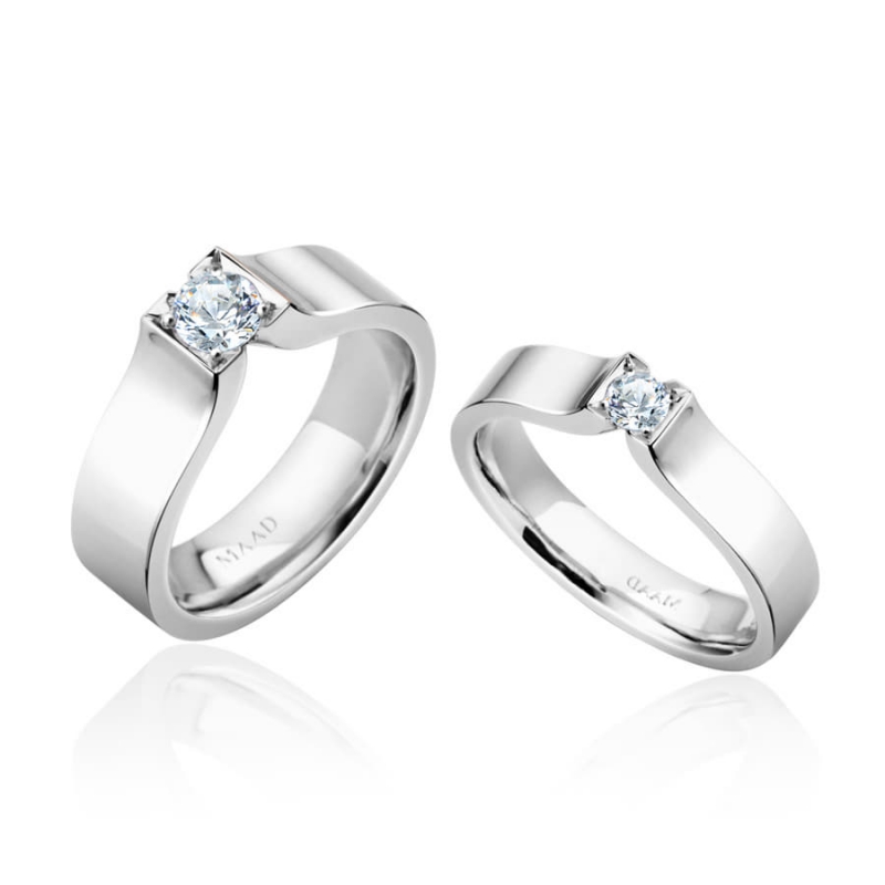 Squaredrop Solitaire wedding ring Set (M&S) 14k White gold CZ 0.2ct & 0.1ct
