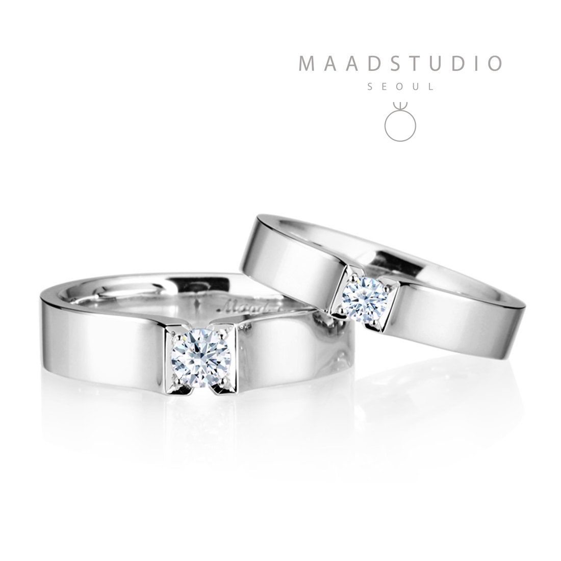 Squaredrop Solitaire wedding ring Set (M&S) 14k White gold CZ 0.2ct & 0.1ct