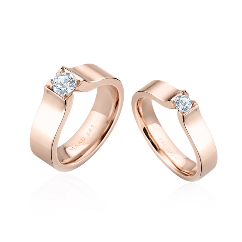 Squaredrop Solitaire wedding ring Set (M&S) 14k Red gold CZ 0.2ct & 0.1ct