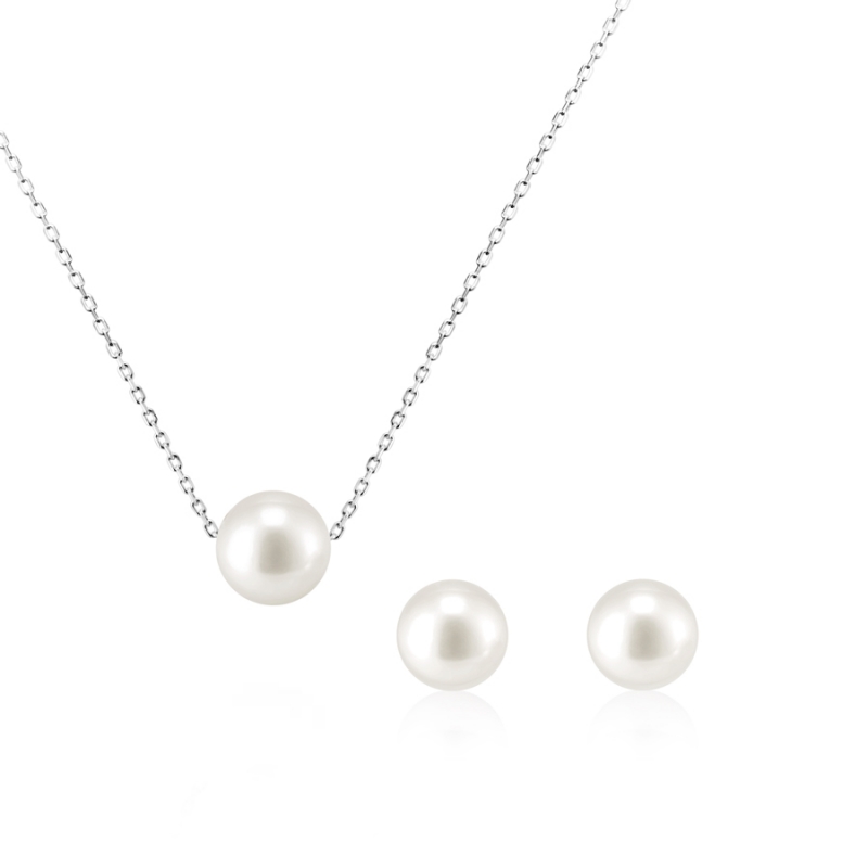 Sphere pearl pendant & earring Set 14k White gold