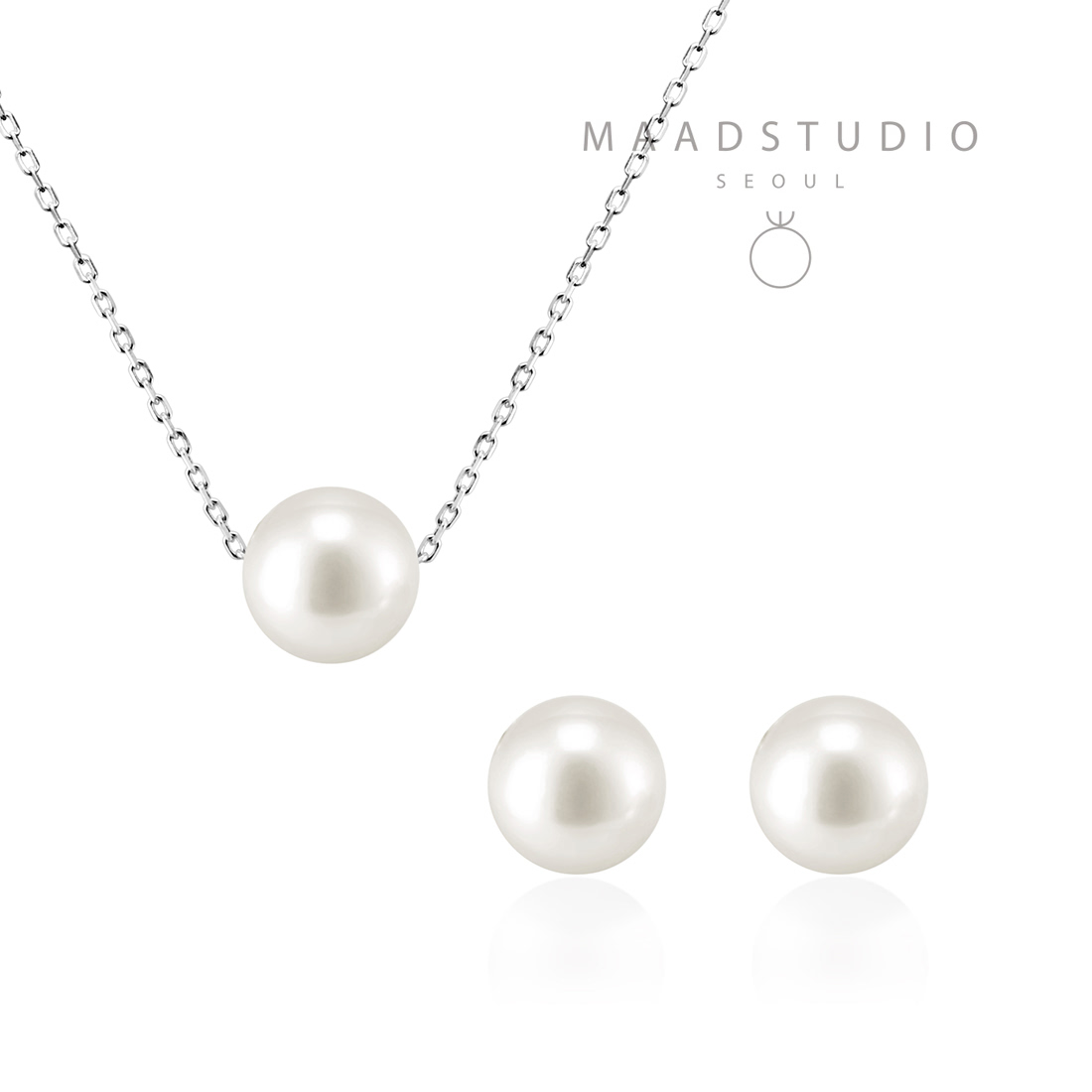 Sphere pearl pendant & earring Set 14k White gold