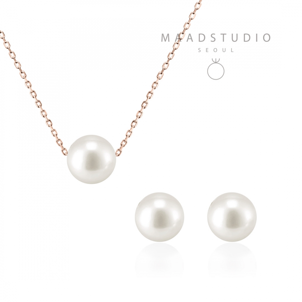 Sphere pearl pendant & earring Set 14k Red gold