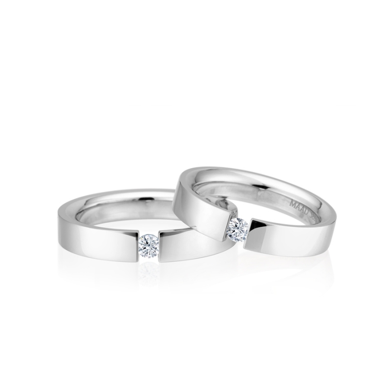 Germanic heros Tensionband wedding ring Set (4mm & 4mm) 14k White gold CZ 0.1ct