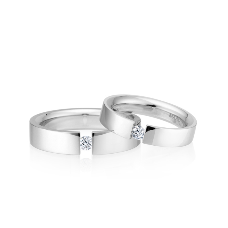 Germanic heros Tensionband wedding ring Set (5mm & 4mm) 14k White gold CZ 0.1ct