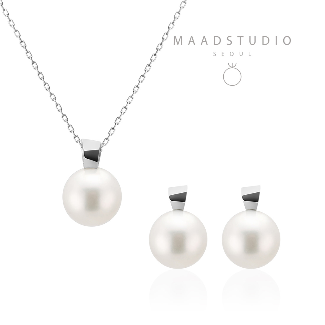 Branch pendant & earring Set 14k White gold Akoya cultured pearl 8~8.5mm