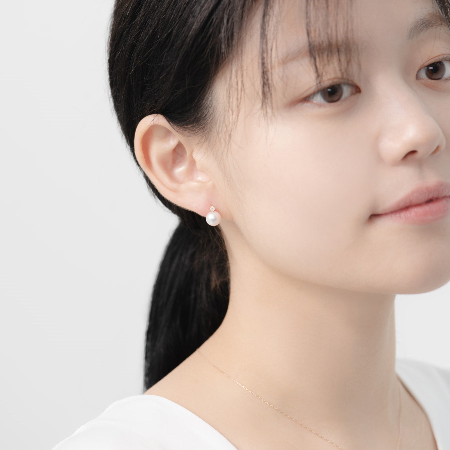 컷팅큐브 귀걸이 14k 레드골드 해수진주 diamond