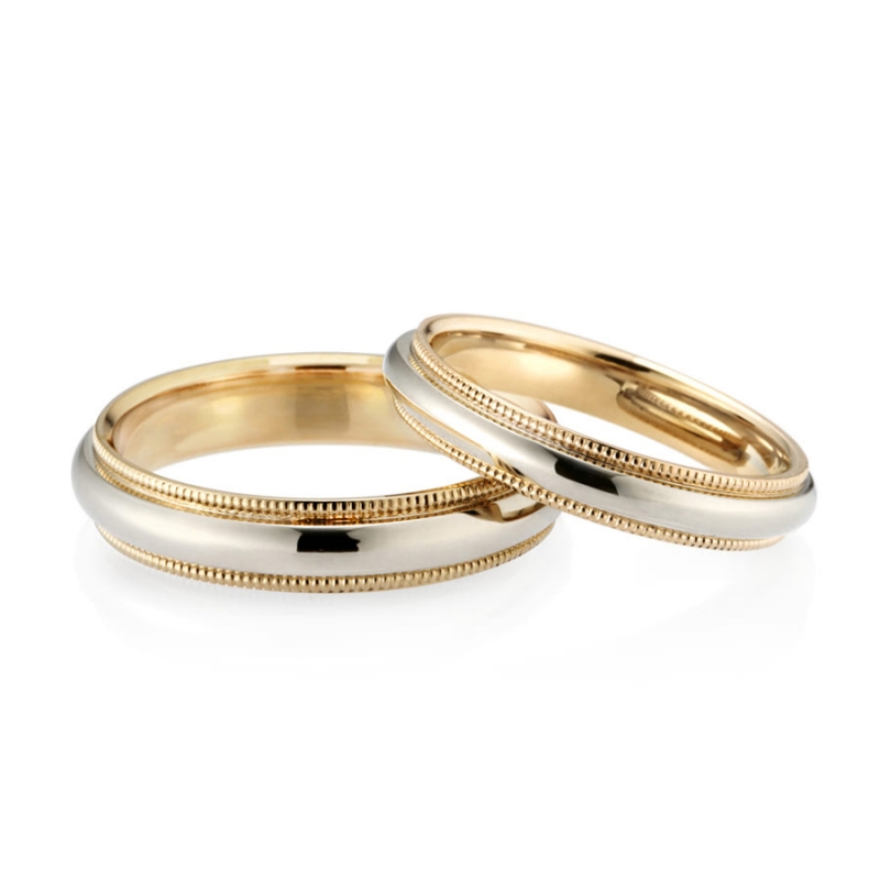 Milgrain band wedding ring Set (4mm+3mm) 14k gold combi