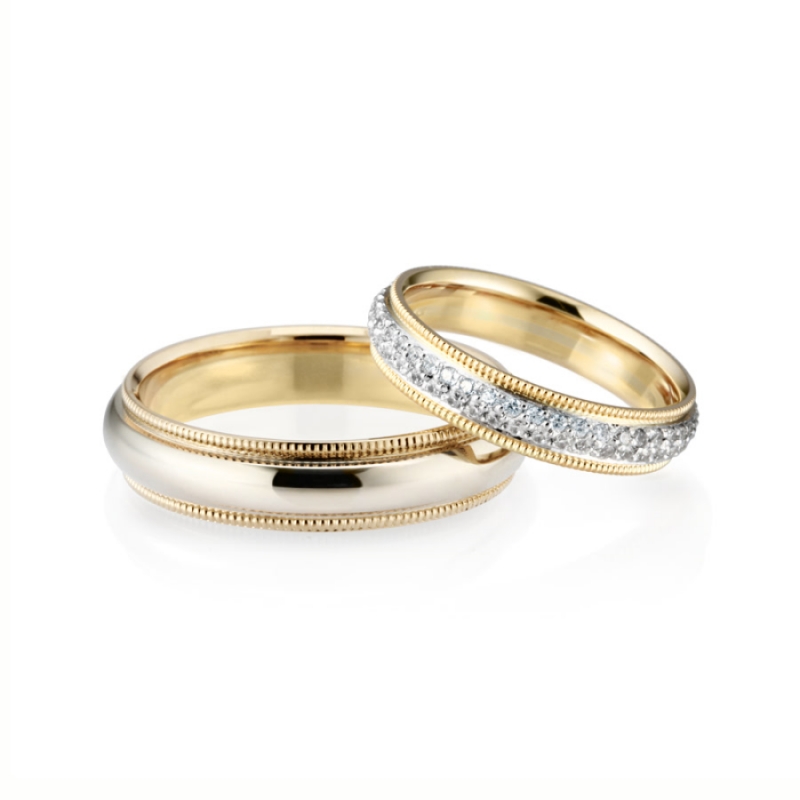 Milgrain band wedding ring Set (5mm+4mm) 14k gold combi, CZ & flat