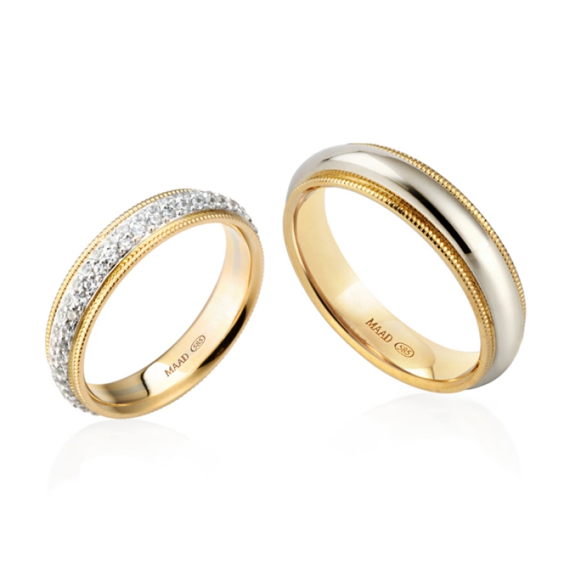 Milgrain band wedding ring Set (5mm+4mm) 14k gold combi, CZ & flat