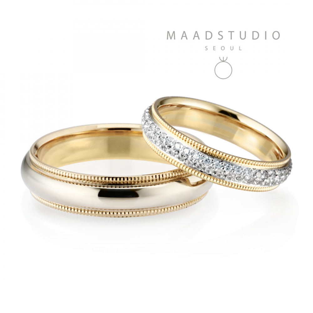 Milgrain band wedding ring Set (5mm+4mm) 14k gold combi, CZ & flat