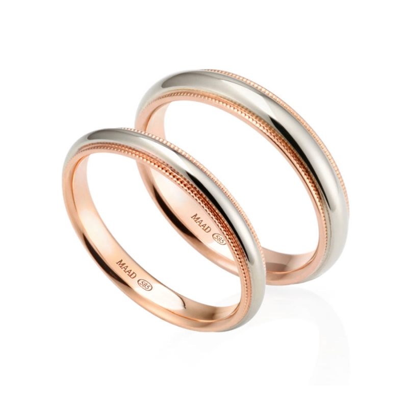 Milgrain band wedding ring Set (4mm+3mm) 14k gold combi