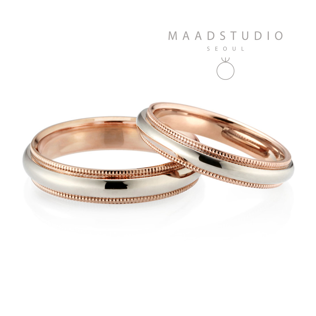 Milgrain band wedding ring Set (4mm+3mm) 14k gold combi