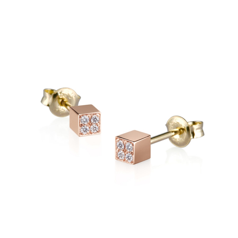 Cube earring 14k Red gold CZ