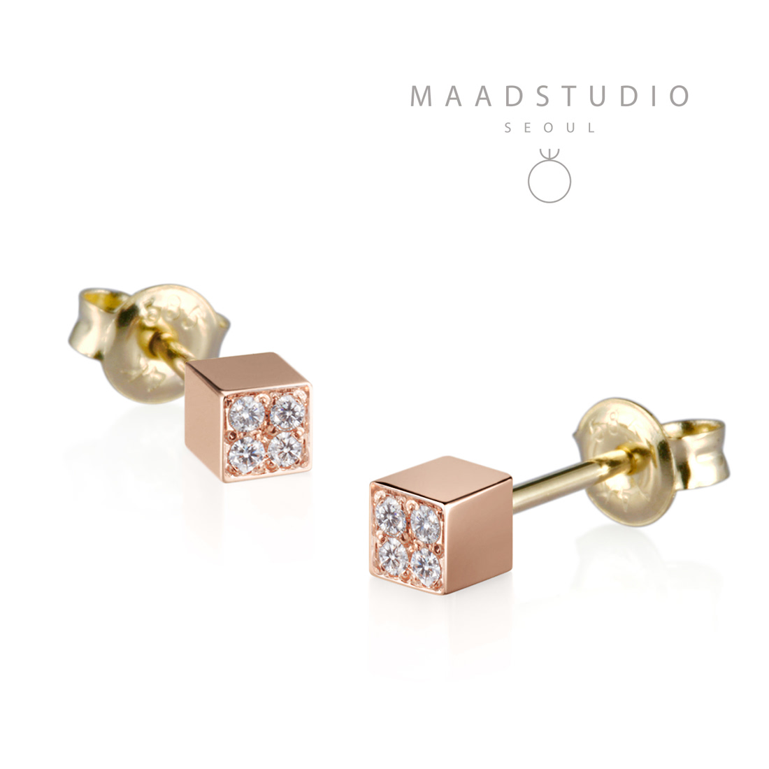 Cube earring 14k Red gold CZ