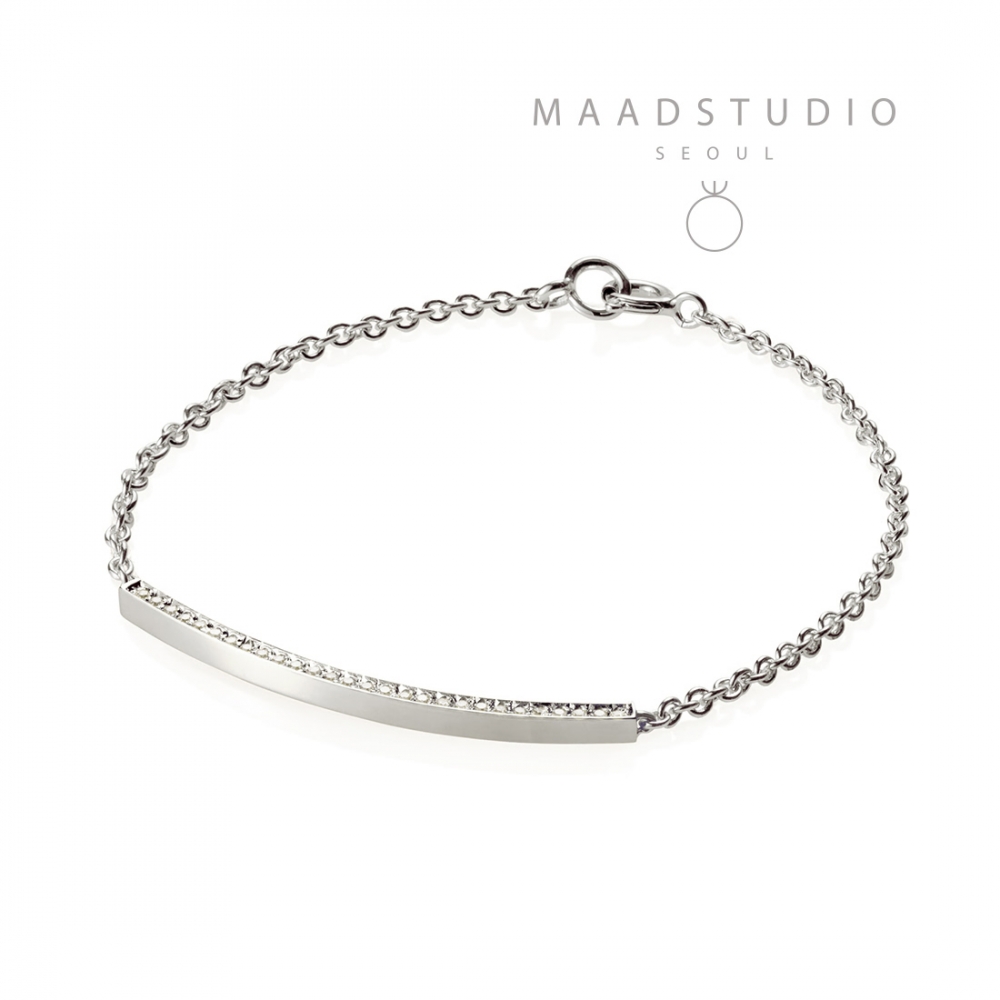 Curved stick Bar Bracelet (S) 14k white gold CZ