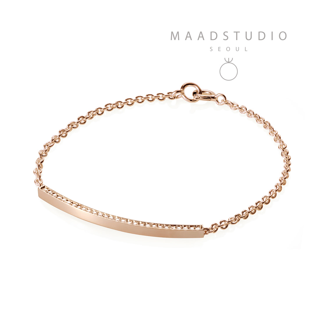 Curved stick Bar Bracelet (S) 14k red gold CZ