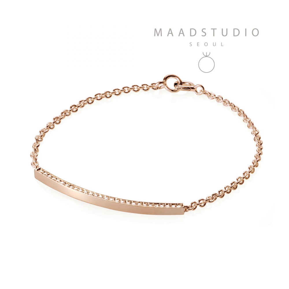 Curved stick Bar Bracelet (S) 14k red gold CZ