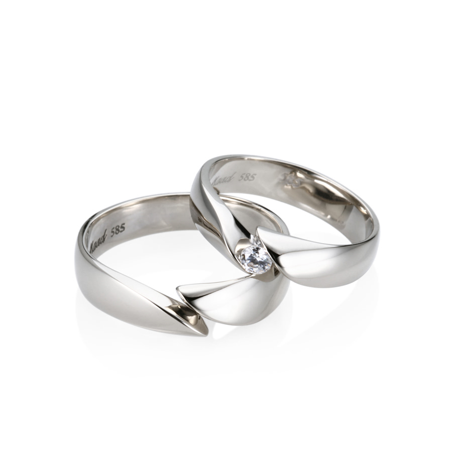 Cymbidium Solitaire wedding ring Set (L&S) 14k White gold CZ 0.1ct & flat
