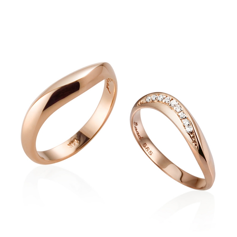 Lake wave wedding ring Set (M&S) 14k Red gold CZ