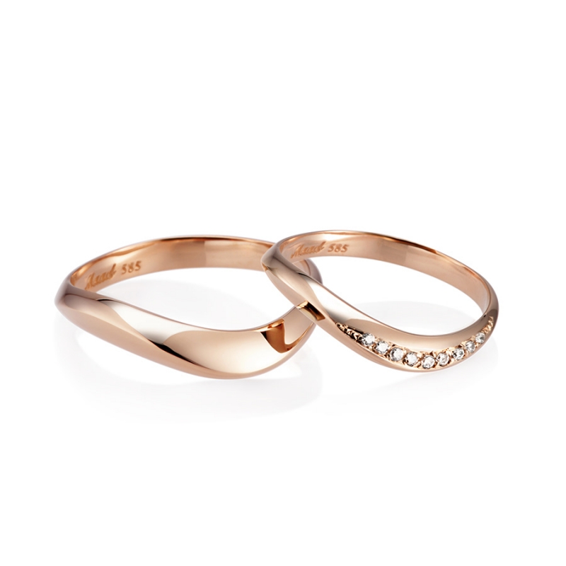 Lake wave wedding ring Set (M&S) 14k Red gold CZ