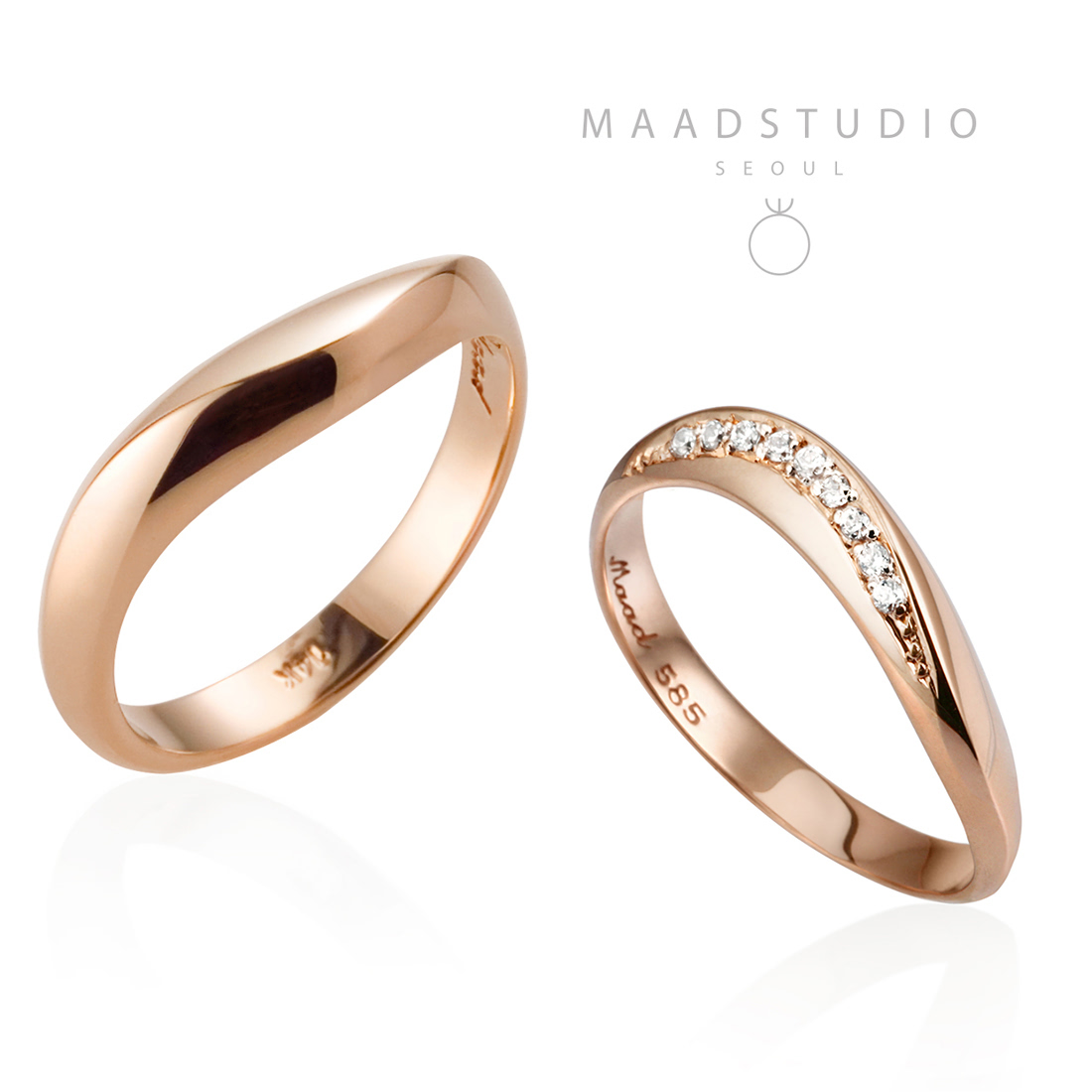 Lake wave wedding ring Set (M&S) 14k Red gold CZ