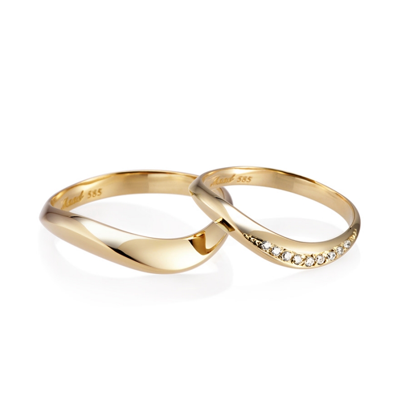 Lake wave wedding ring Set (M&S) 14k gold CZ