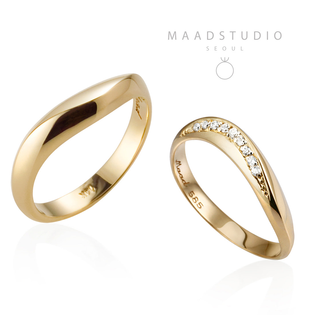 Lake wave wedding ring Set (M&S) 14k gold CZ