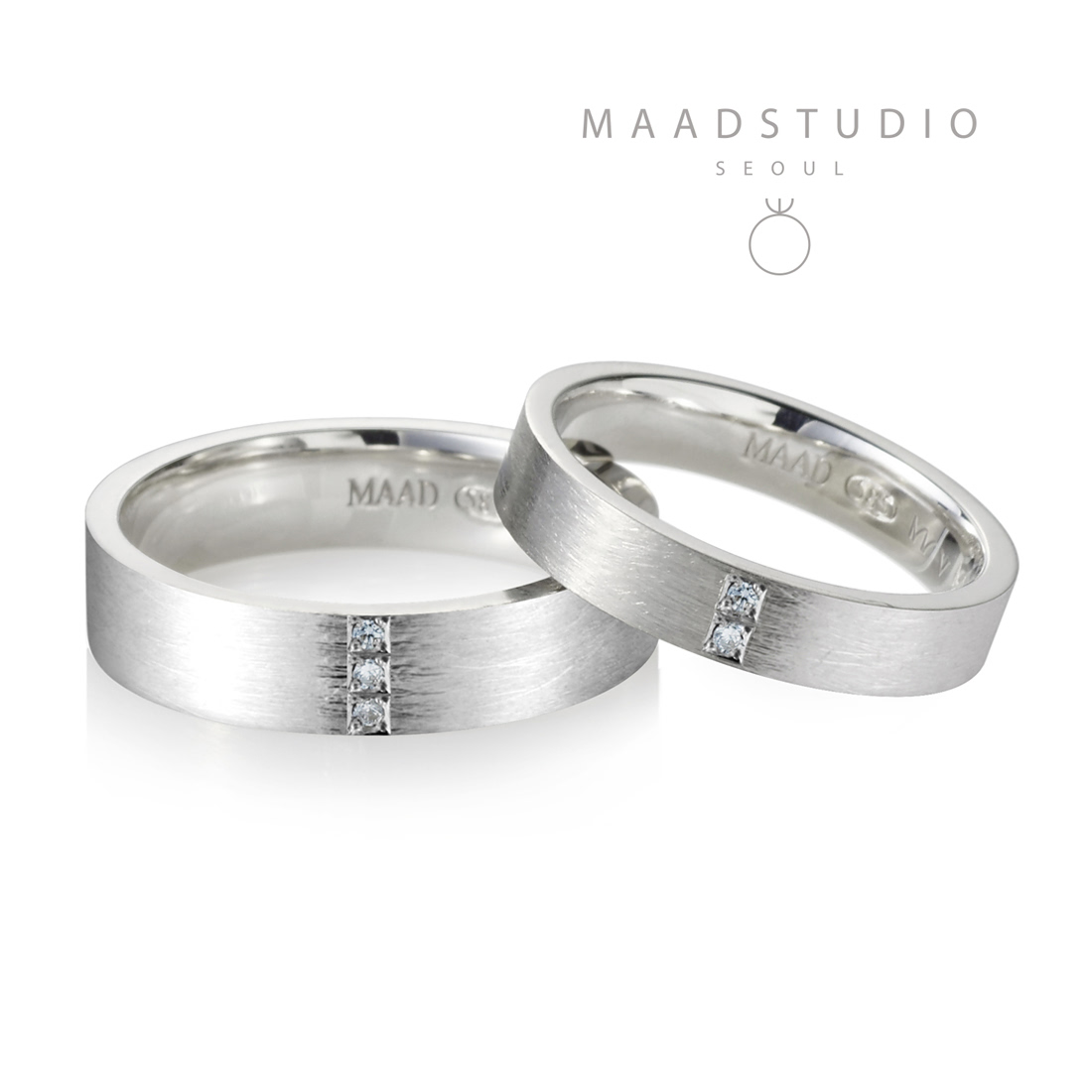 MR-V Flat couple band ring Set 4.7mm & 3.7mm hairline, Diamond Sterling silver