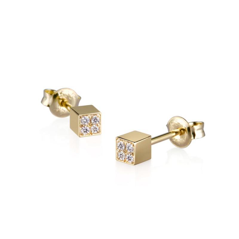 Cube earring 14k gold CZ