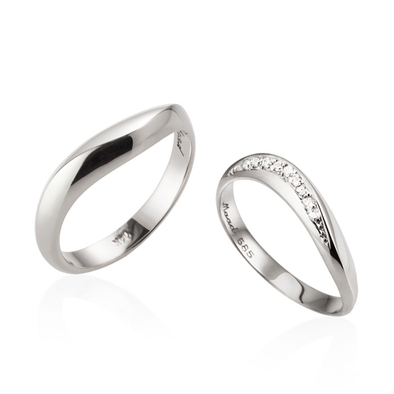 Lake wave wedding ring Set (M&S) 14k White gold CZ