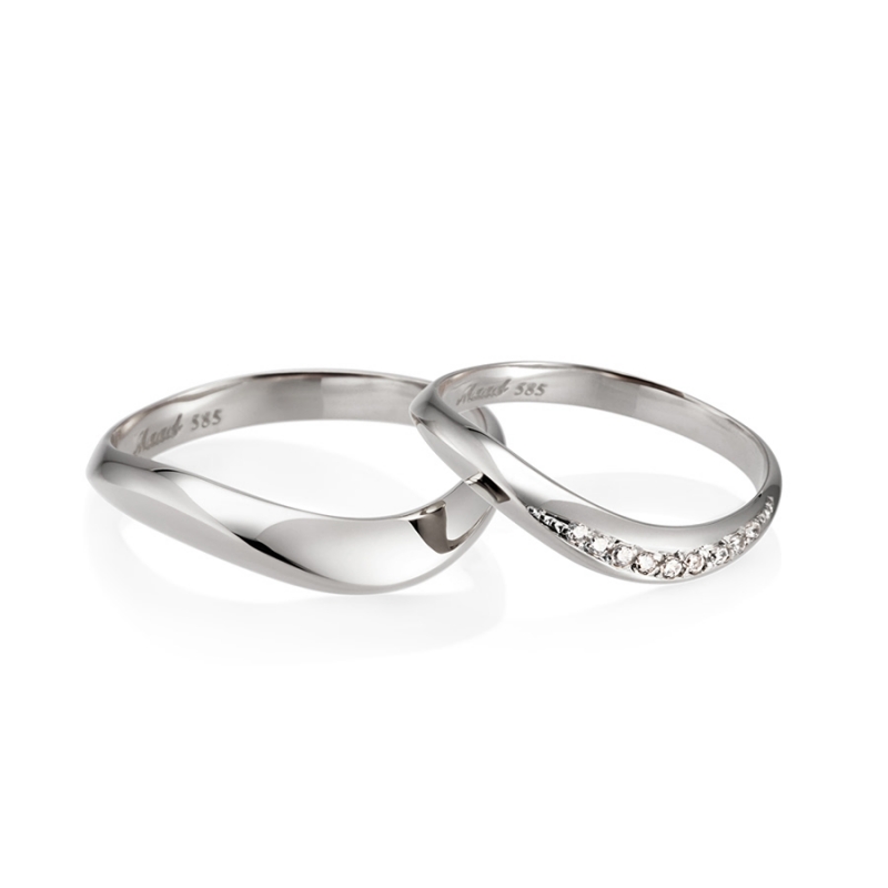Lake wave wedding ring Set (M&S) 14k White gold CZ