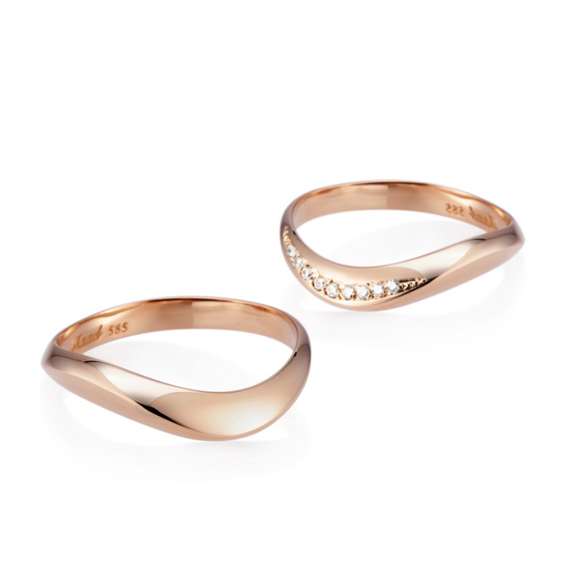 Lake wave wedding ring Set (M&M) 14k Red gold CZ