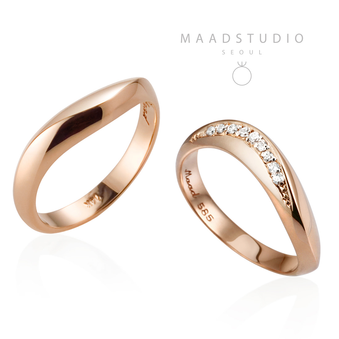 Lake wave wedding ring Set (M&M) 14k Red gold CZ