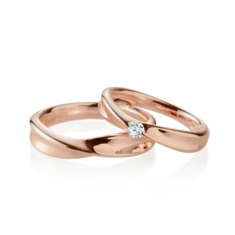 Infinity IV Solitaire & flat wedding ring Set (M&S) 14k Red gold CZ 0.1ct