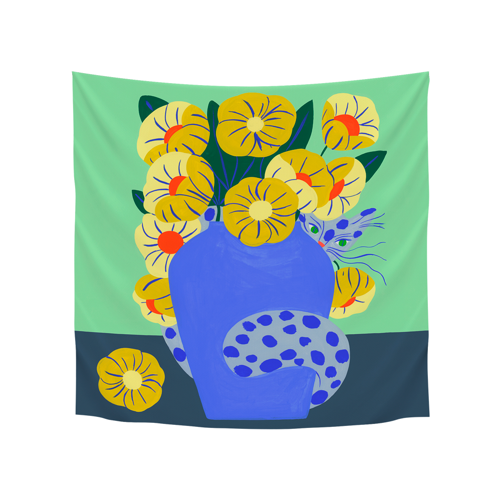 아티쉬 스카프 - 아가트 싱어 Flowers and cat green