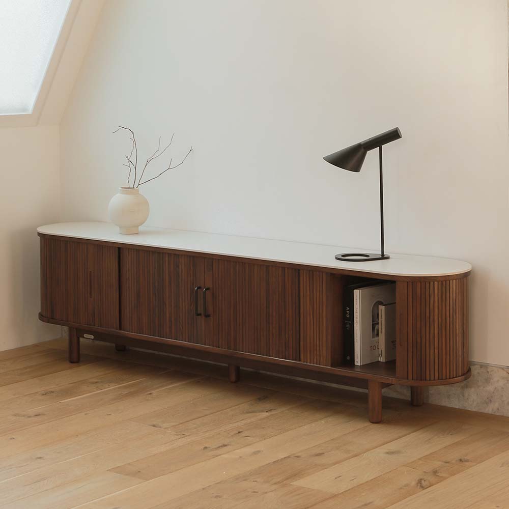 (1월특가) 라미에스 카야 월넛 원목 TV 수납 라운드 세라믹 거실장 2200