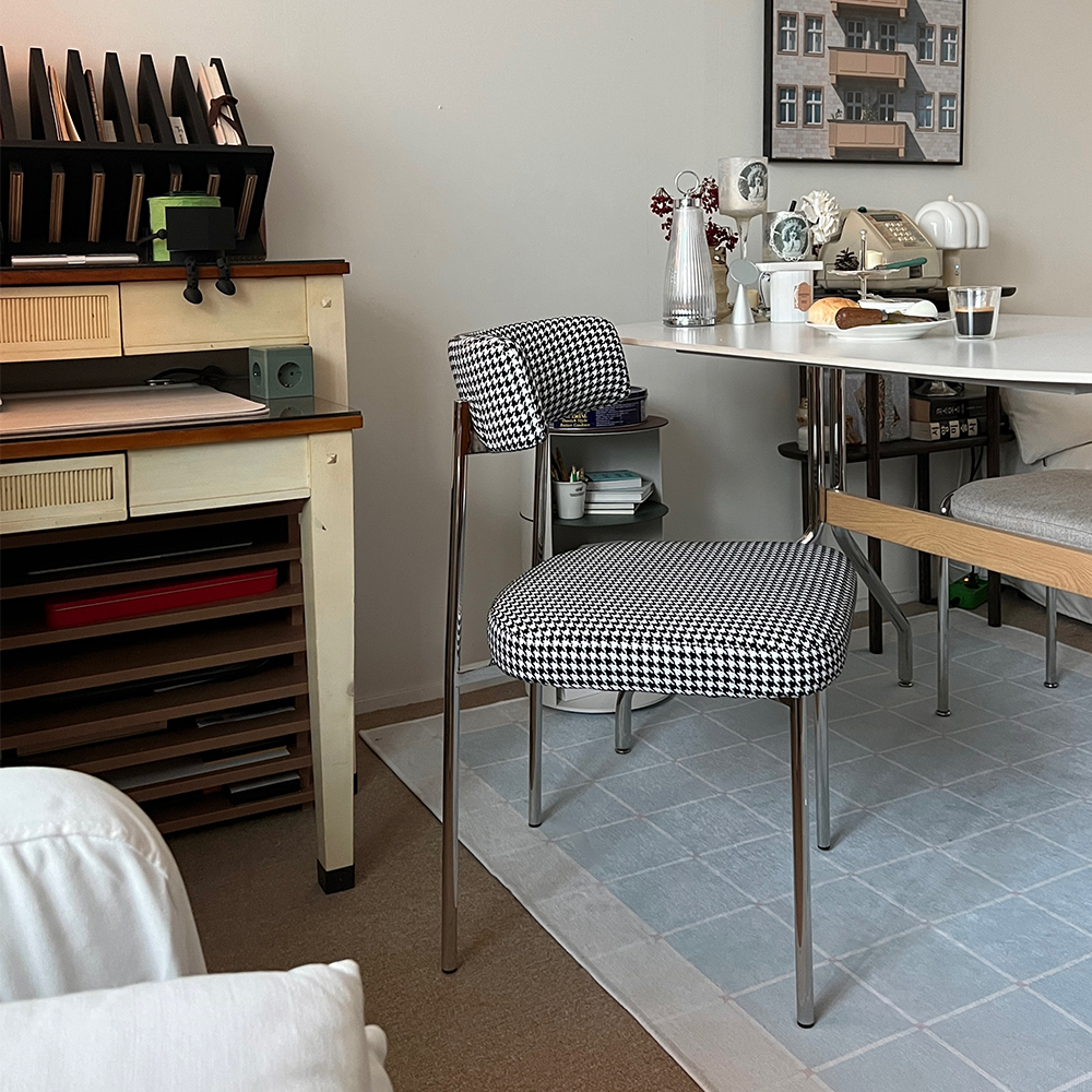 (페스타세일) [단독최저] 헨지디자인 씨엘 라운드 패브릭 체어 (스틸 프레임 / 하운즈 체크)