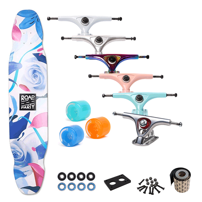 [커스텀 컴플릿-롱보드] ROADPARTY SPOTLESS WHITE FLOWER 46&Prime;+트럭(로그or페리스or칼리버)+휠+파츠+그립테입