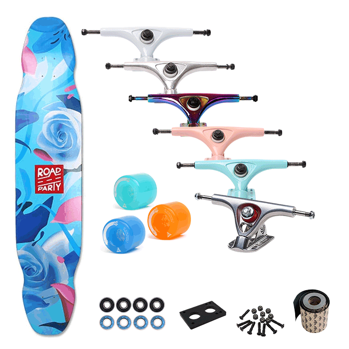 [커스텀 컴플릿-롱보드] ROADPARTY BLUE SUMMER FLOWER 46&Prime;+트럭(로그or페리스or칼리버)+휠+파츠+그립테입