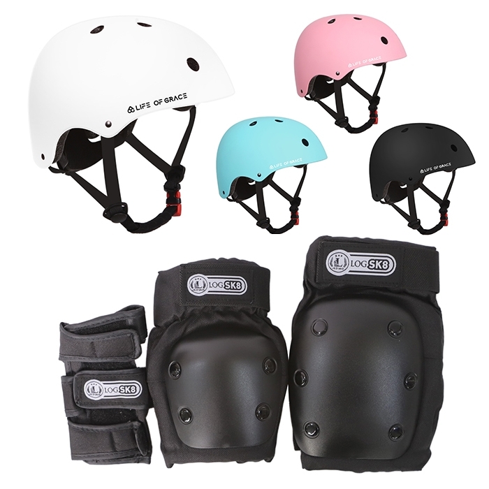 LOG FX-001 V2 Helmet + Protective Gear (Elbow, Knee, Wrist) W/Net Bag Set (로그 스케이트보드 헬멧+보호대 세트)