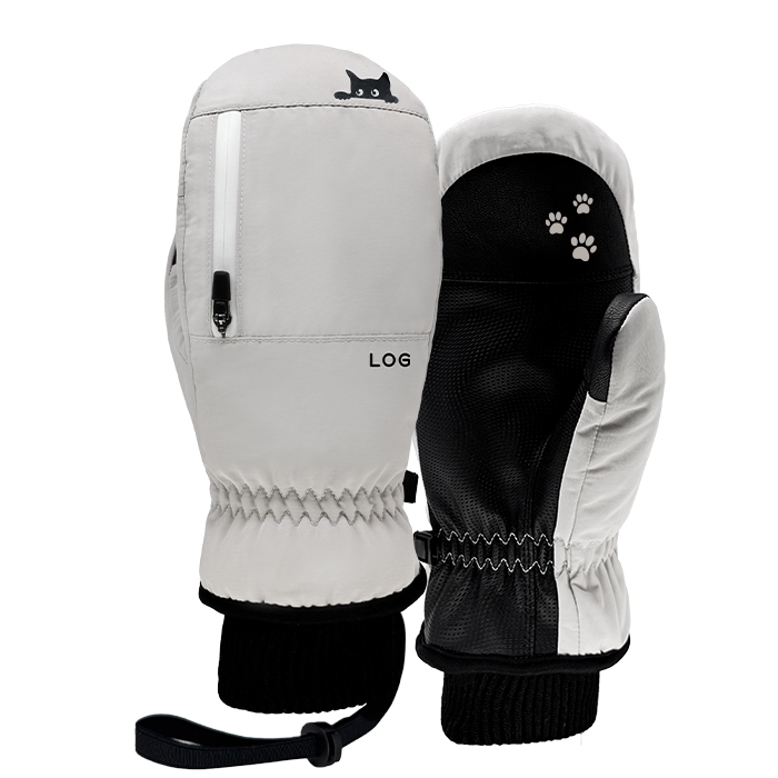 2526 로그 남녀공용 스노우보드 벙어리 장갑 큐트 캣 - 아이보리/화이트 25LCC-I/W