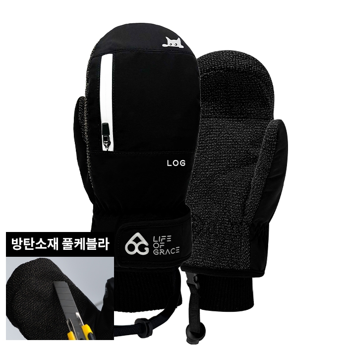 2526 로그 남녀공용 스노우보드 벙어리 장갑 프로 케블라 큐트 캣 - 블랙/화이트 25LPKCC-B/W