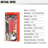 CD2S1P4500140HV CODDAR 4500mAh Real Shorty 7.6V 140C H.V LI-PO Battery