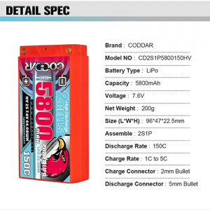 CD2S1P5800150HV CODDAR 2S 5800MAH HV 7.6V 150C 5mm Bullet Hard Case 22.5mm LCG Shorty Pack RC LiPo Battery
