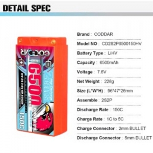 CD2S2P6500150HV CODDAR 6500mAh Shorty 7.6V 150C H.V LI-PO Battery