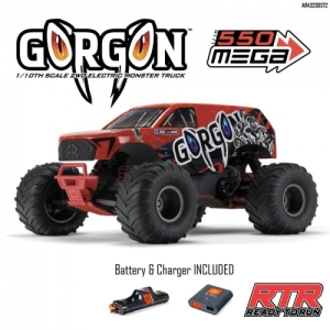 ARA3230ST2 1/10 GORGON 4X2 MEGA 550 브러시드 몬스터 트럭 RTR 배터리 및 USB 충전기 포함, 빨간색