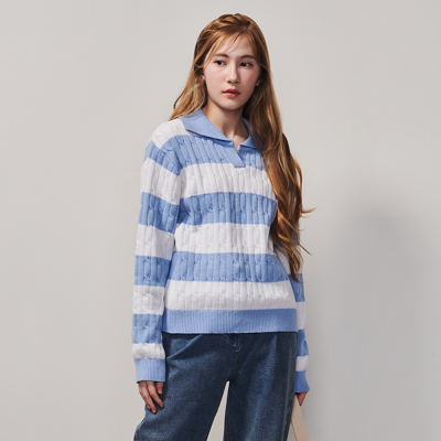 [에꼴리에] 여자 봄이월 스트라이프케이블오픈카라니트티(25A5051)